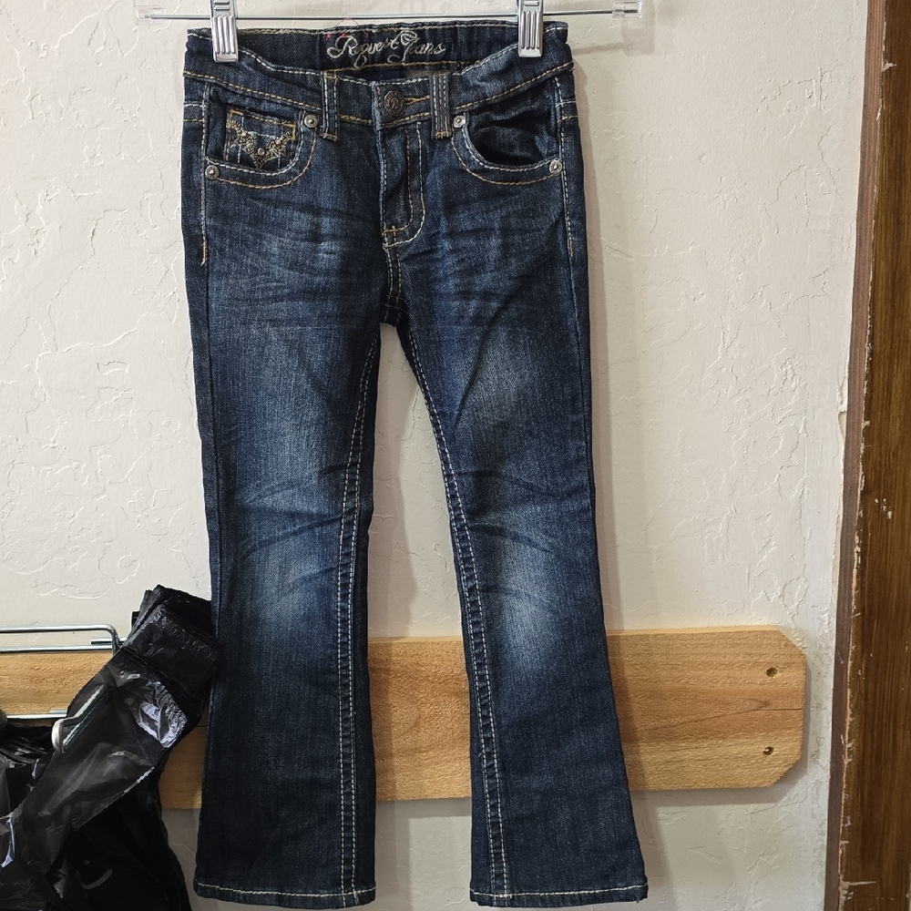 Girls Dark Blue Flare Jeans with Decorative Stitching